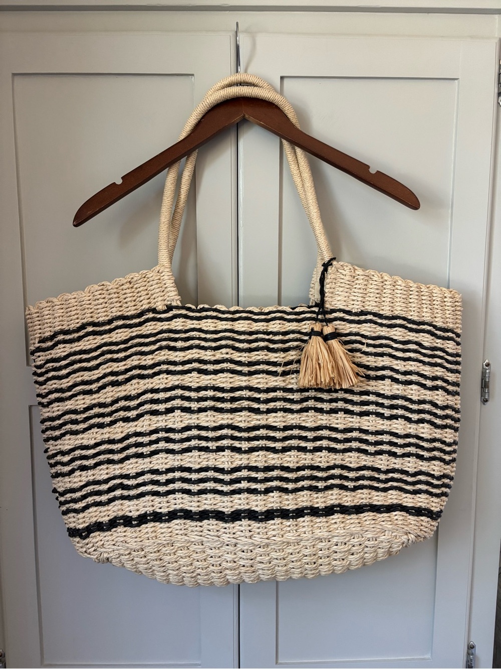 Woven Straw Tote Bag with Black Stripe Detail - Picture 2 of 5